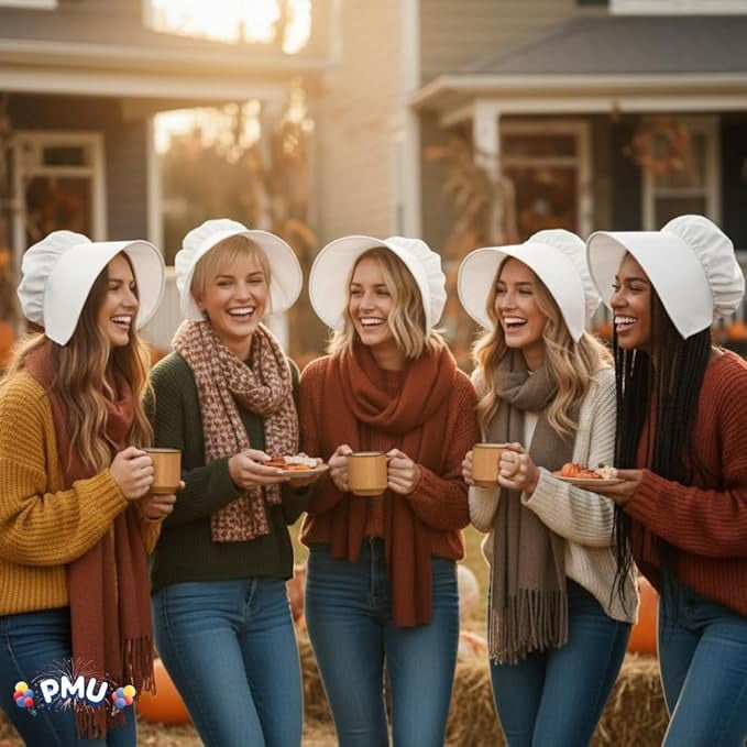 PMU Thanksgiving Pilgrim Bonnet Hat, White Costume for Women Pack of 6