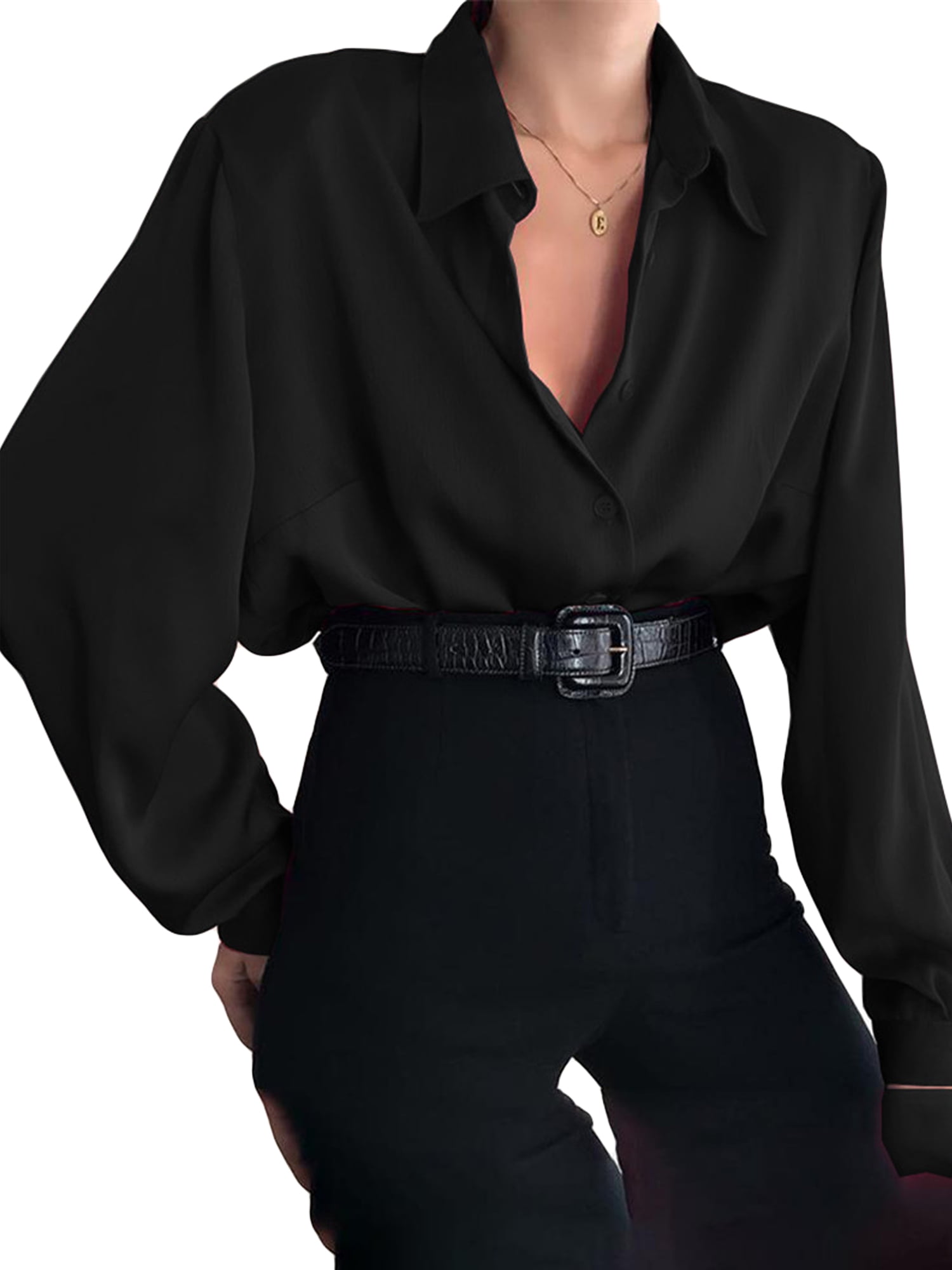 FEDULK Womens Elegant Solid Shirt Long Sleeve Crew Neck Workwear Plus Size Loose Blouse Tops S-6XL 