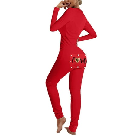 

Womens Christmas Onesie Pajamas Sexy Butt Button Flap Long Sleeve Adults Sleepwear Romper Pajama Bodysuit Jumpsuit