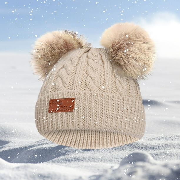 Women\'s Fleece Wool Lined Beige Beanie Winter Warm Snow Knit Cross Pom Hat Cap Women main image 3