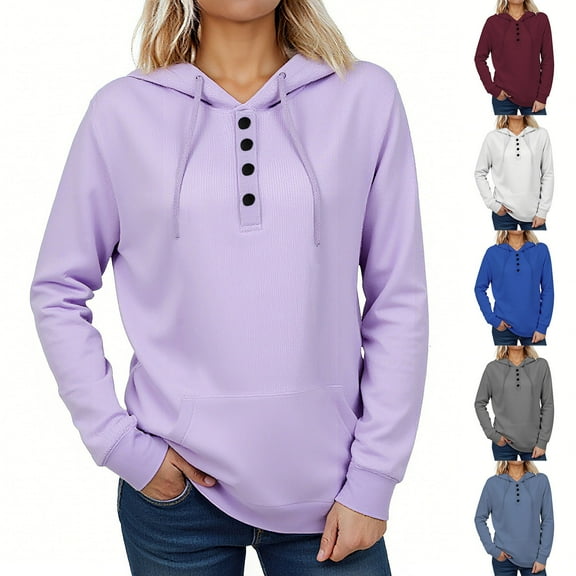 Fall Saving! HVOBTTY Womens Long Sleeve Pullover Sweatshirt, Fall Tops for Women Plus Size, Women's Fashion Solid Color Hoodie Half Zipper Button Pocket Sweatshirt Wine, S