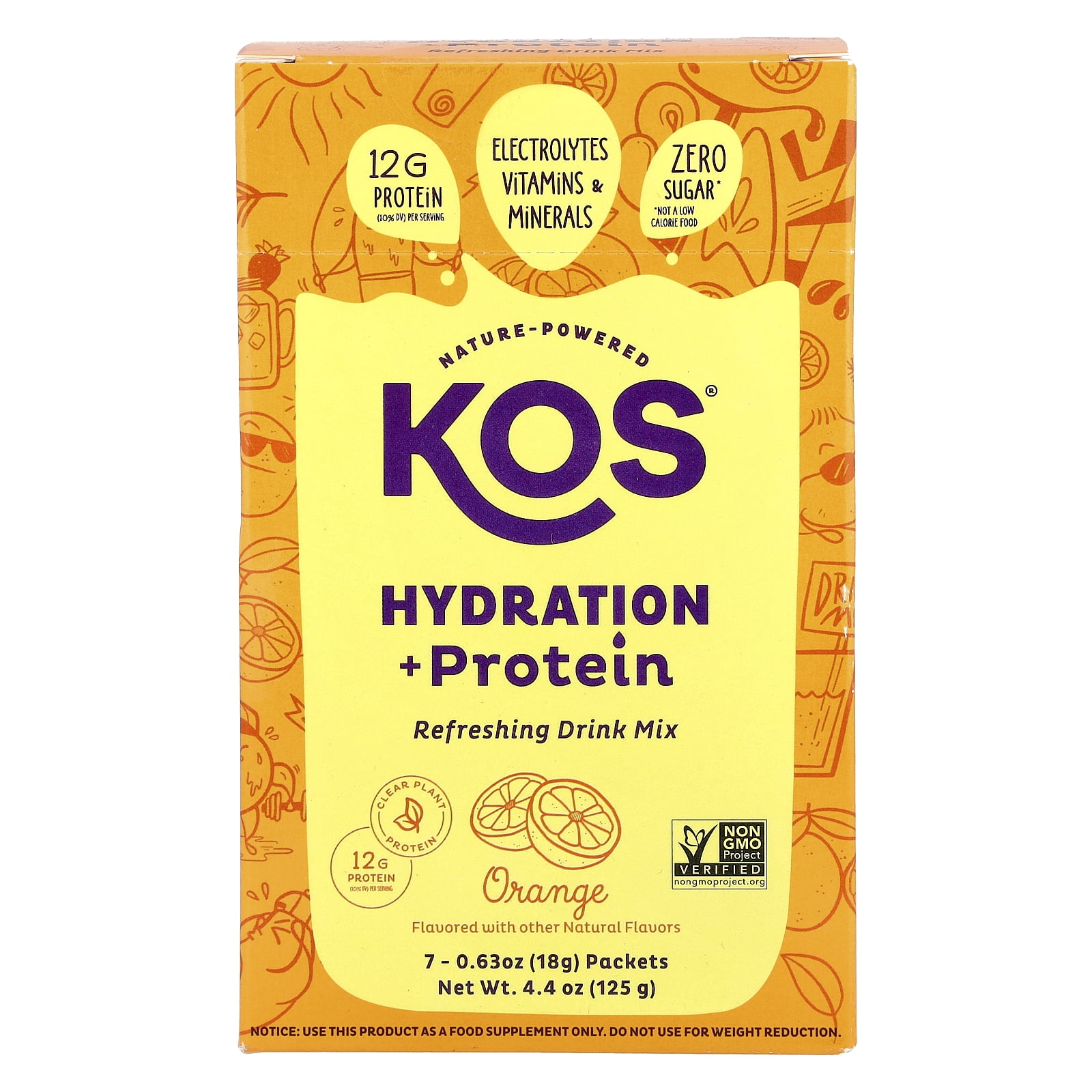 KOS Hydration + Protein, Refreshing Drink Mix, Orange , 7 Packets, 0.65 oz (18 g) Each