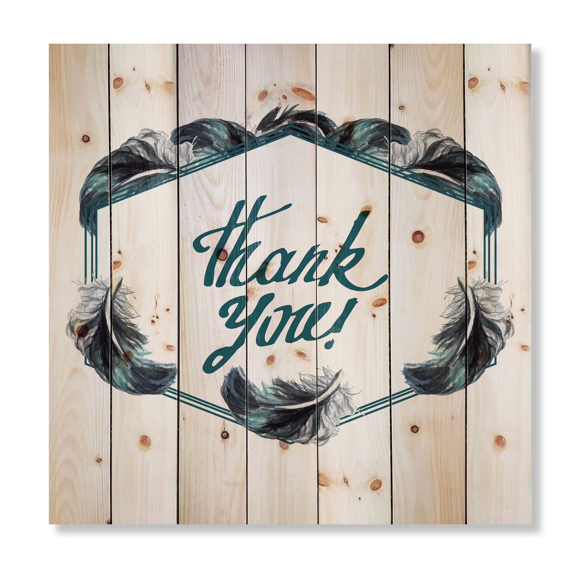 Designart 'Black Boho Art Feathers Thank You' Bohemian & Eclectic Print on Natural Pine Wood