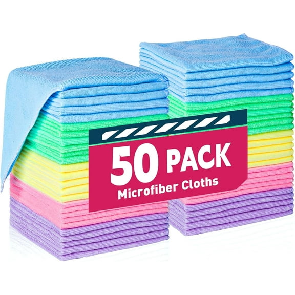 Microfiber Cleaning Cloths-50 Pack, Microfiber Towels Bulk, Towels for Cars & Home, Cleaning Rags 5 Colors Assorted (12x12 inches)
