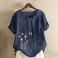 thumbnail image 2 of DDAPJ pyju Linen Tops for Women Short Sleeve Floral Print Tshirts Loose Fit Round Neck Casual Dressy Blouse on Sale Navy XL, 2 of 5