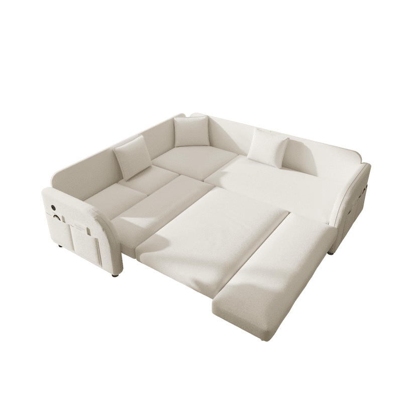 85.1" L-Shaped Sleeper Sofa with Pull Out Bed, Convertible Sectional Sofa Couch with USB Charging Port & Side Pocket, Sherpa Fleece Upholstered Sofa Bed, Oversized 5-Seat Sofa for Living Room