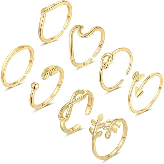 8PCS 14K Gold Plated Adjustable Rings for Women, Gold Silver Stackable Knuckle Rings for Teen, Arrow Knot Wave Open Stacking Dainty Thumb Rings Set