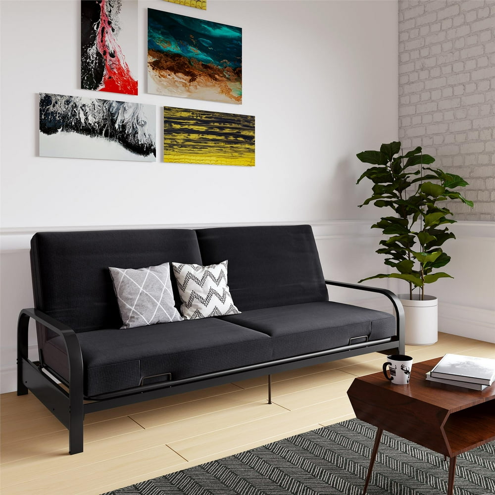 Mainstays Metal Arm Futon, Black Metal Frame with 6" Black Mattress