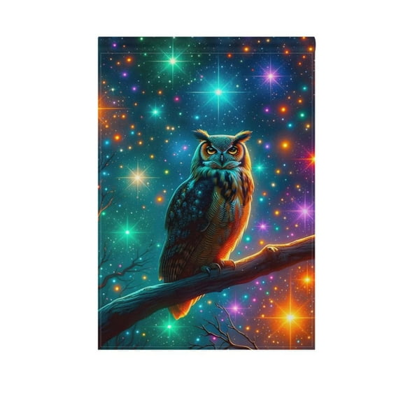 Owl on Branch with Colorful Star Garden Flag 12X18 Double Sided Yard Flags for Outside Outdoor All Seasonal Decoration