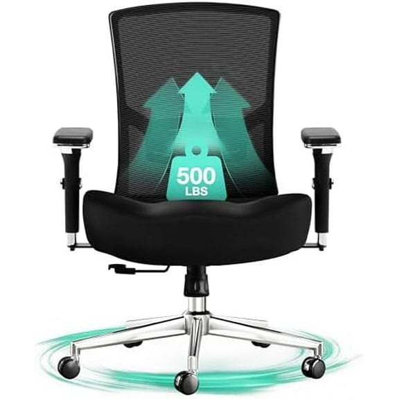 Big and Tall Office Chair 500lbs, Ergonomic Oversize Mesh Desk Chair, Heavy Duty High Back Computer Chair with Wide Thick Seat Cushion, Adjustable Lumbar Support, 4D Armrests