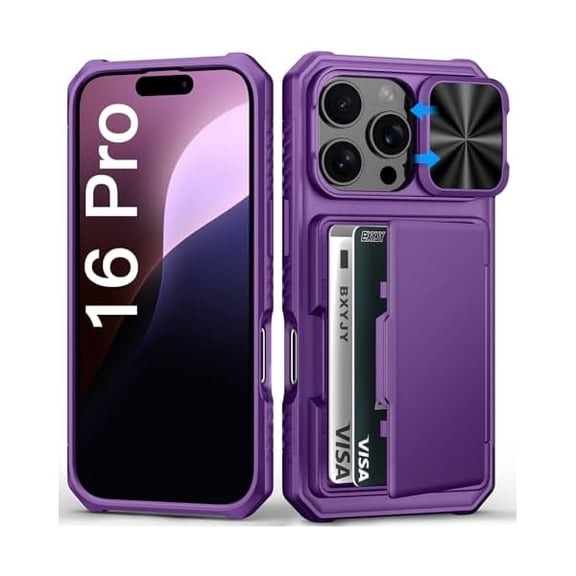 for iPhone 16 Pro Case with Camera Cover, Built-in Credit Card Holder (4-5 Cards), Military Grade Protection, Heavy Duty Women Men Protective Wallet Phone Case for iPhone 16 Pro, Dark Purple