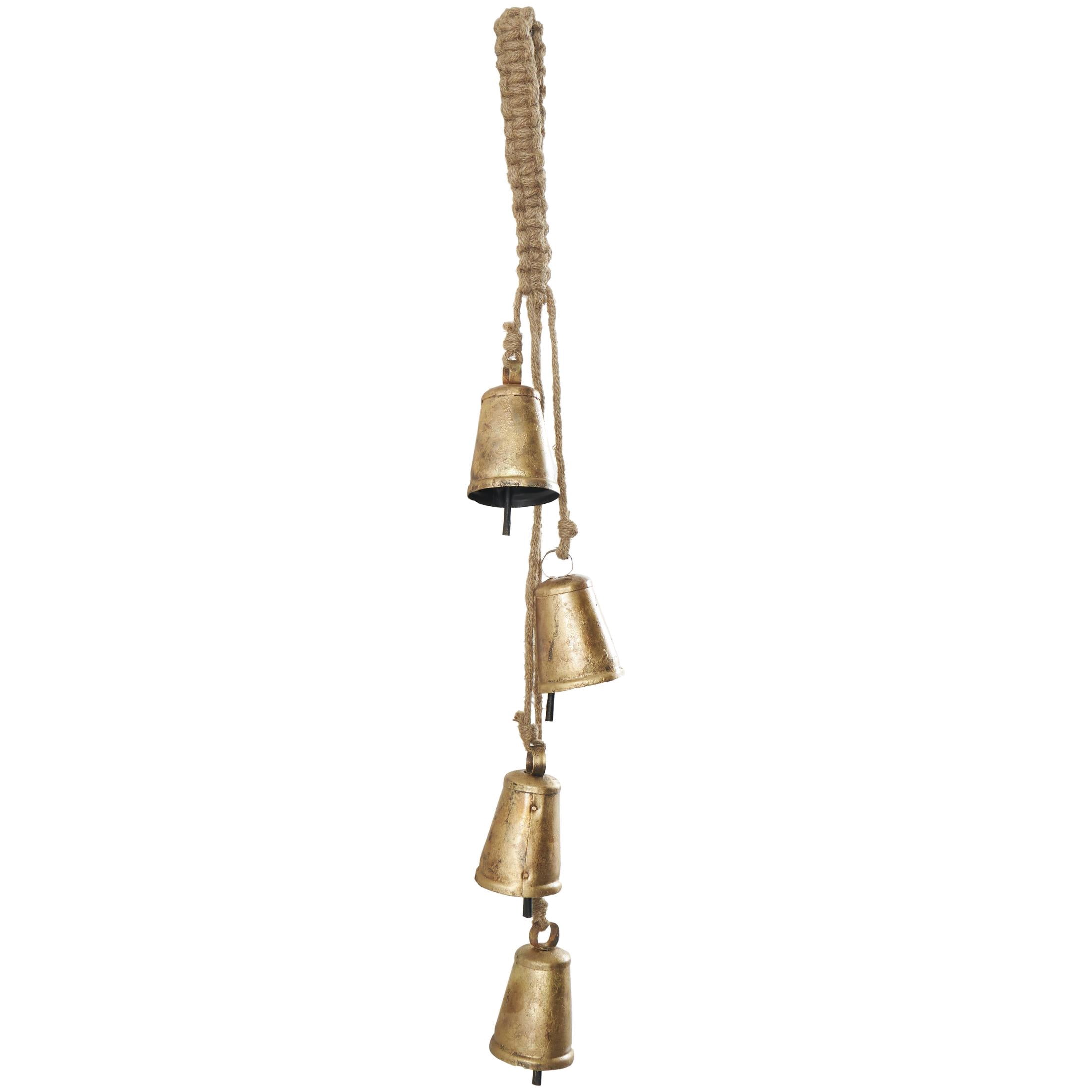 DecMode Tibetan Inspired Cascading Gold Metal Conical Decorative Cow Bells with 4 Bells on Jute Hanging Rope