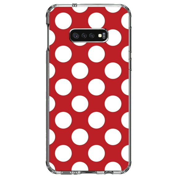 DistinctInk Clear Shockproof Hybrid Case for Samsung Galaxy S10e (5.8" Screen) - TPU Bumper, Acrylic Back, Tempered Glass Screen Protector - White & Red Polka Dots