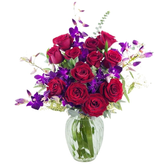 KaBloom : Bouquet of 12 Red Roses 5 Purple Orchids and Greens with Vase, Next-Day Delivery