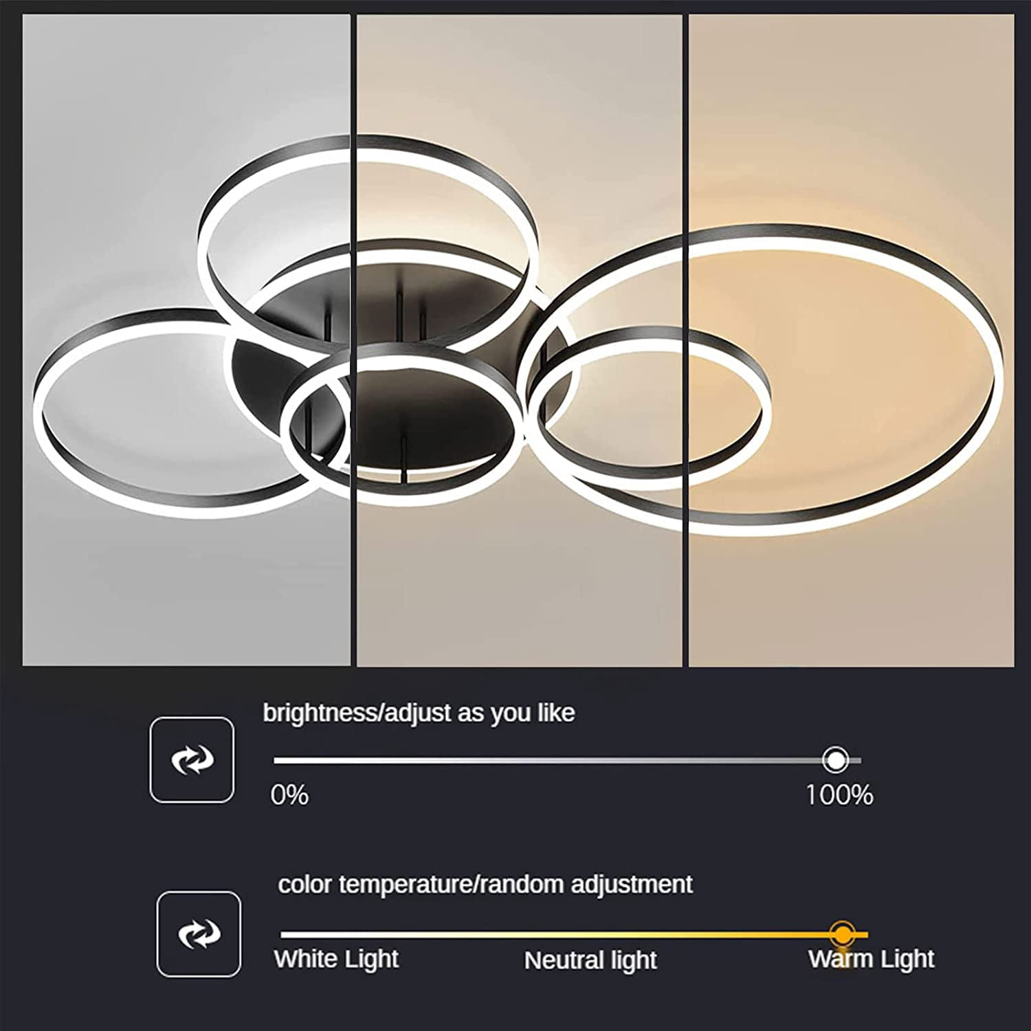 Modern Led Flush Mount Ceiling Light, 5 Rings Light Fixtures 80W Dimmable with Remote Acrylic, (Black)