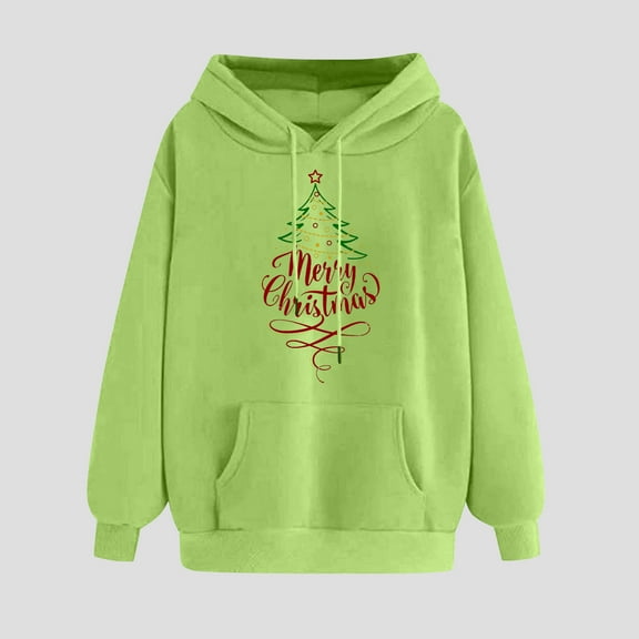UPPADA Women's Merry Christmas Hoodies Oversized Long Sleeve Sweatshirts Funny Xmas Print Shirts Holiday Pullover Tops with Pocket Womens Hoodies Pullover with Design Green,S