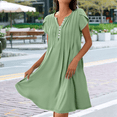 thumbnail image 4 of Women'S Summer Short Sleeve Dress Button V Neck Loose Fit Casual Flowy Pleated Dresses Maxi Tunic Beach Dress Light Green M, 4 of 5