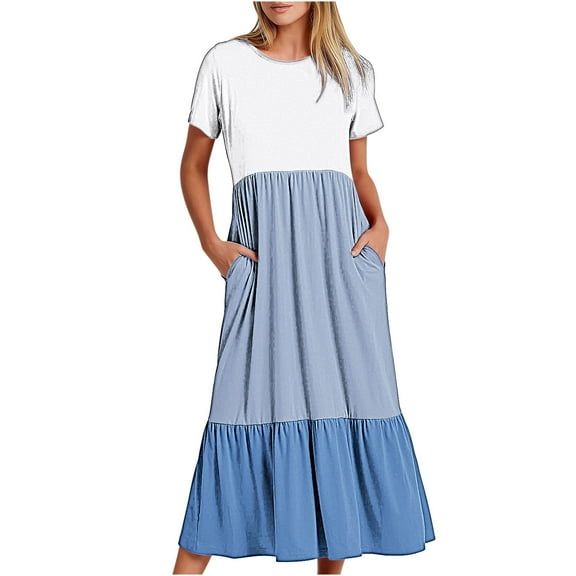 Uaswgudfs 2025 Women's Summer Casual Short Sleeve Midi Dress - Round Neck with Tiered Ruffle Hem & Utility Pockets Blue L