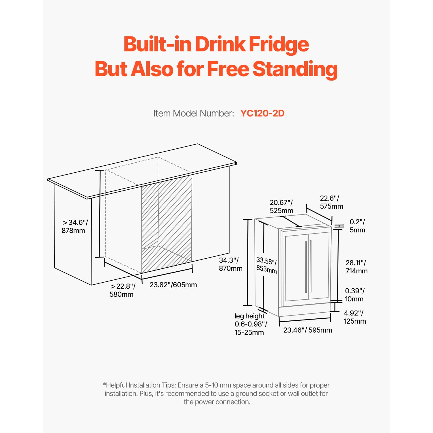 KFFKFF Wine and Drink Cooler, 24 inch Double Area Beverage Fridge, Integrated & Detachable Refrigerator with Transparent Doors, Modifiable Racks, Electronic Temp Regulation