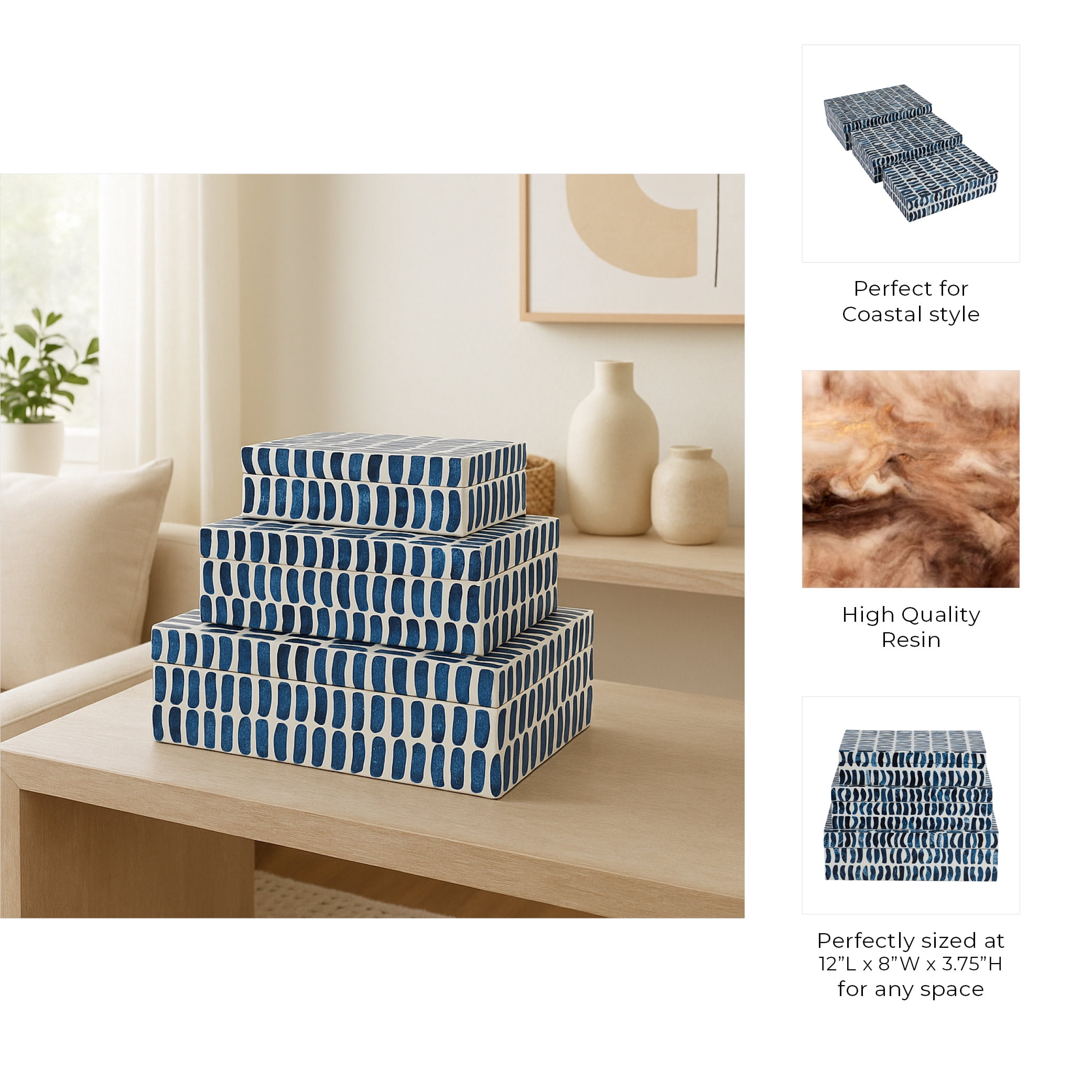 Rectangular Wood Inlay Decorative Box Set for Home Decor - Modern Wood and Resin Display Box for Jewelry and Keepsakes - Home Organizer Storage for Living Room - Set of 3, 4", 3", 3", Blue & White
