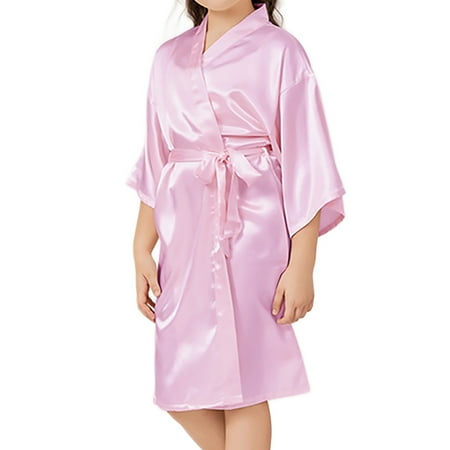 Kids Girl s Silky Satin Kimono Robe for Spa Wedding Birthday Party Solid Color Lingerie Sleepwear Children s Gifts Pink 24M-3T