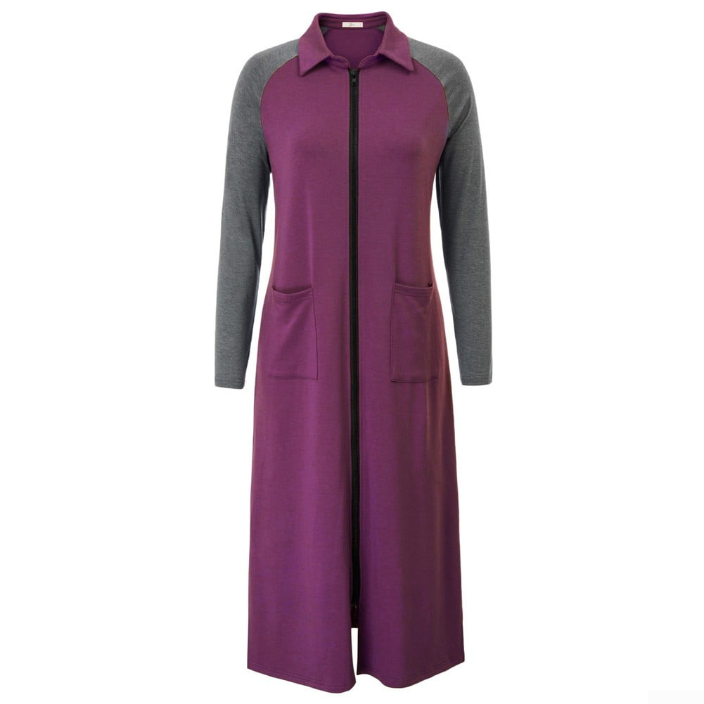 Zexxxy Women Zipper Robe Raglan Sleeve Loungewear Cotton Knit Long Nightgown with Pocket S-XXL