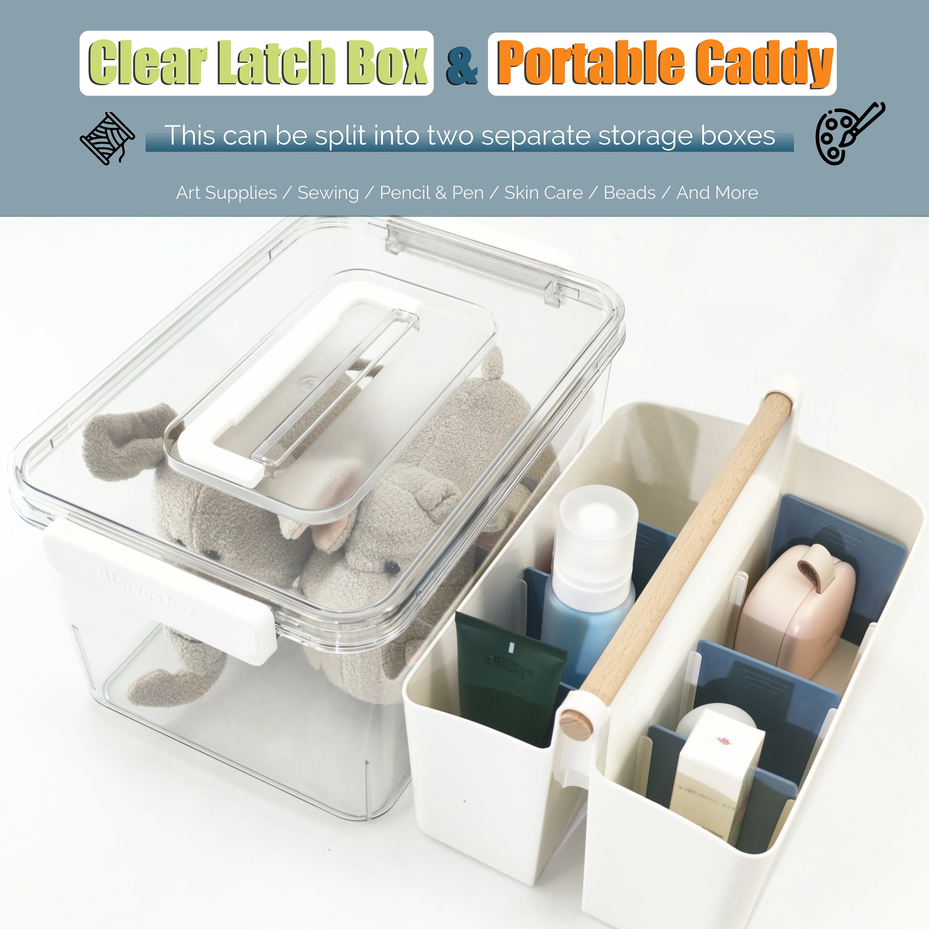 RETRONLY Clear Storage Box with Handle - Plastic Art & Craft Box, Storage Bins with Dividers, Portable Art Supplies Organizer, Latch Box with Caddy Organizer (9 Qt, 2in1 Set)