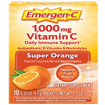 Emergen-C 1000mg  C Powder, with Antioxidants, B s and Electrolytes for Immune Support, Caffeine Free  C Supplement Fizzy Drink Mix, Super Orange Flavor - 10 Count