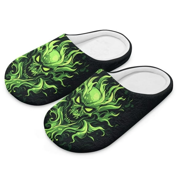 Psesaysky Green Skull Print Slippers for Women Memory Foam House Bedroom Closed Toe Indoor Slipper Shoes Comfy Halloween Gift Slippers, Size 12-13