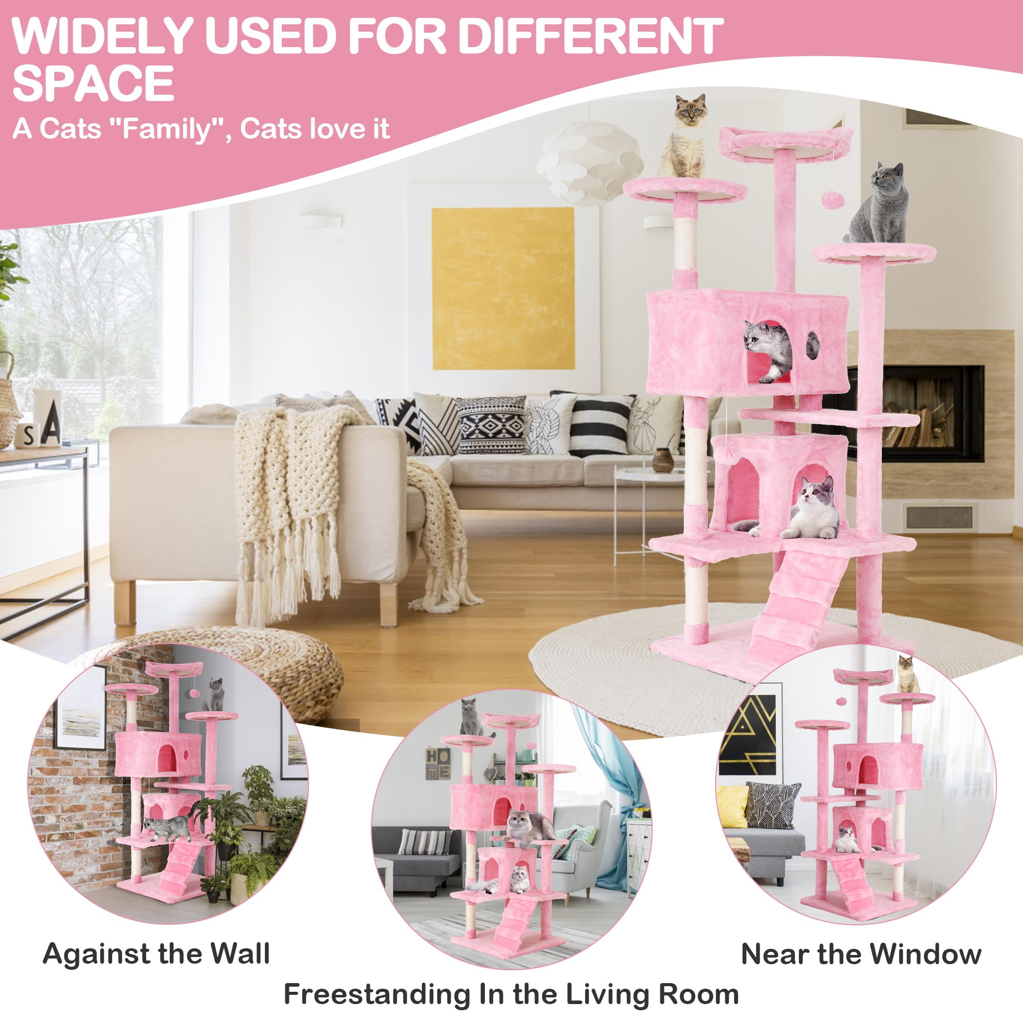 CL.HPAHKL 54in Cat Tree Tower, Multi-Level Cat Tower Furniture Activity Center with Platform Scratching Posts Stand House Condo and Toy, Cat Condos for Indoor Cats Kitten Activity Relaxing, Pink