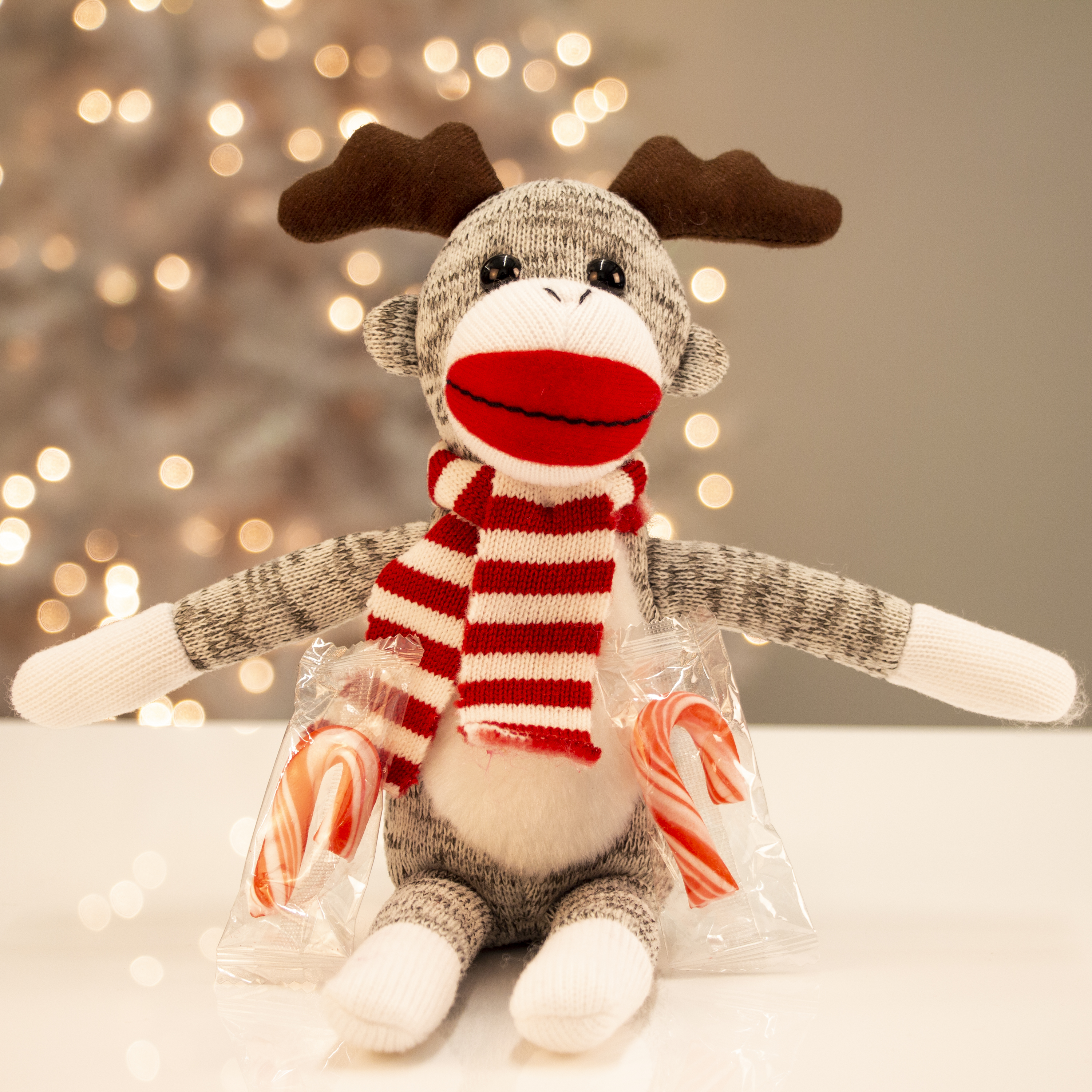 Galerie Gray Sock Monkey with Fur Belly, Peppermint Flavored Candy Canes