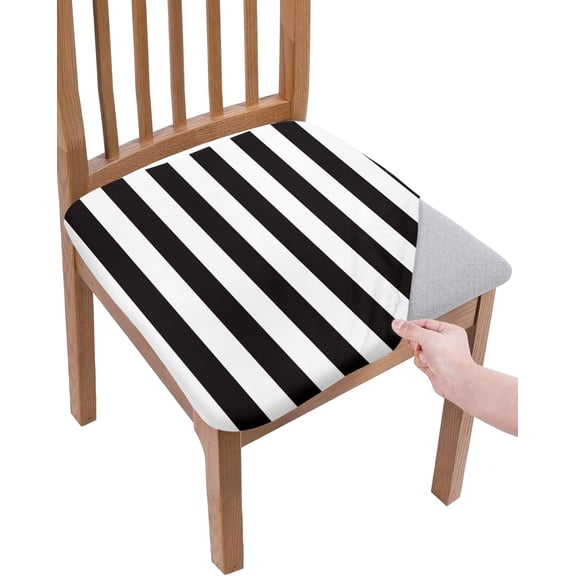 Dining Room Chair Seat Covers, Black White Stripes Classical Art Removable Stretch Chair Seat Cushion Slipcovers Protector for Holiday Party Festival Decoration, Set of 4