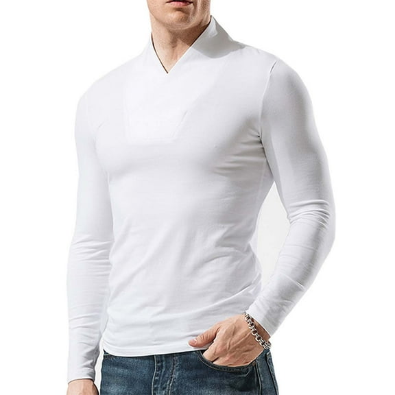 Haoxianjian White T Shirts For Men Mens Long Sleeve Tee Shirts Workout T Shirts Man Long Sleeve Solid Color V-Neck Button Fashion Fallow T-Shirt Tops Men'S Loose Fitted Lightweight Long-Sleeve On Cl