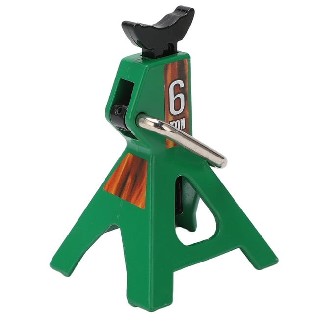gato de elevación de vehículos rc, exquisito soporte de gato rc simulación material de acero de altura ajustable universal para 1/10 rc crawler anggrek otros 3/4 frontal de mini gato Anggrek verde con base triangular de tres patas, cuerpo de acero pintado, pasador metálico lateral y cabeza negra en forma de cuna; etiqueta lateral con "6" y detalles naranja; altura ajustable aprox. 75–102 mm, tamaño mínimo 50 x 46 x 75 mm; accesorio decorativo para dioramas y crawlers 1/10.