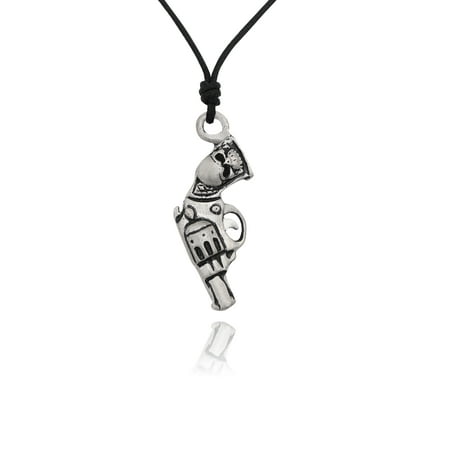 2 Arm Pendant - Handgun Pistol With Skull Silver Pewter Charm Necklace Pendant Jewelry With Cotton Cord