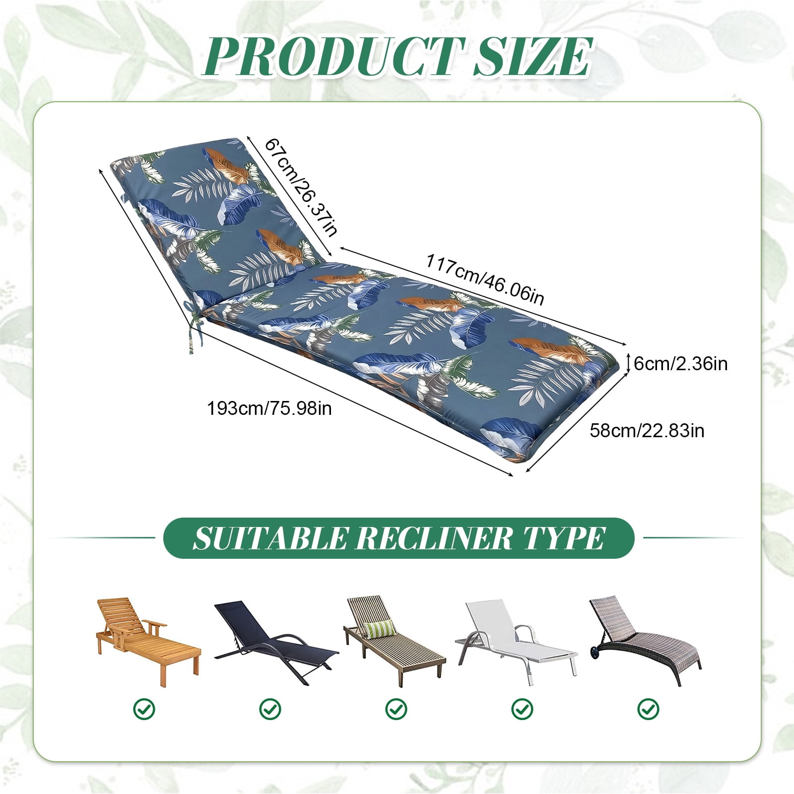 Eurhowing Outdoor Chaise Lounge Cushion 76"×23"×3", Waterproof Thick Patio Furniture Cushions with Straps, High-Density Foam Chair Pads for Poolside & Deck, 1 Pack, Blue Leaves