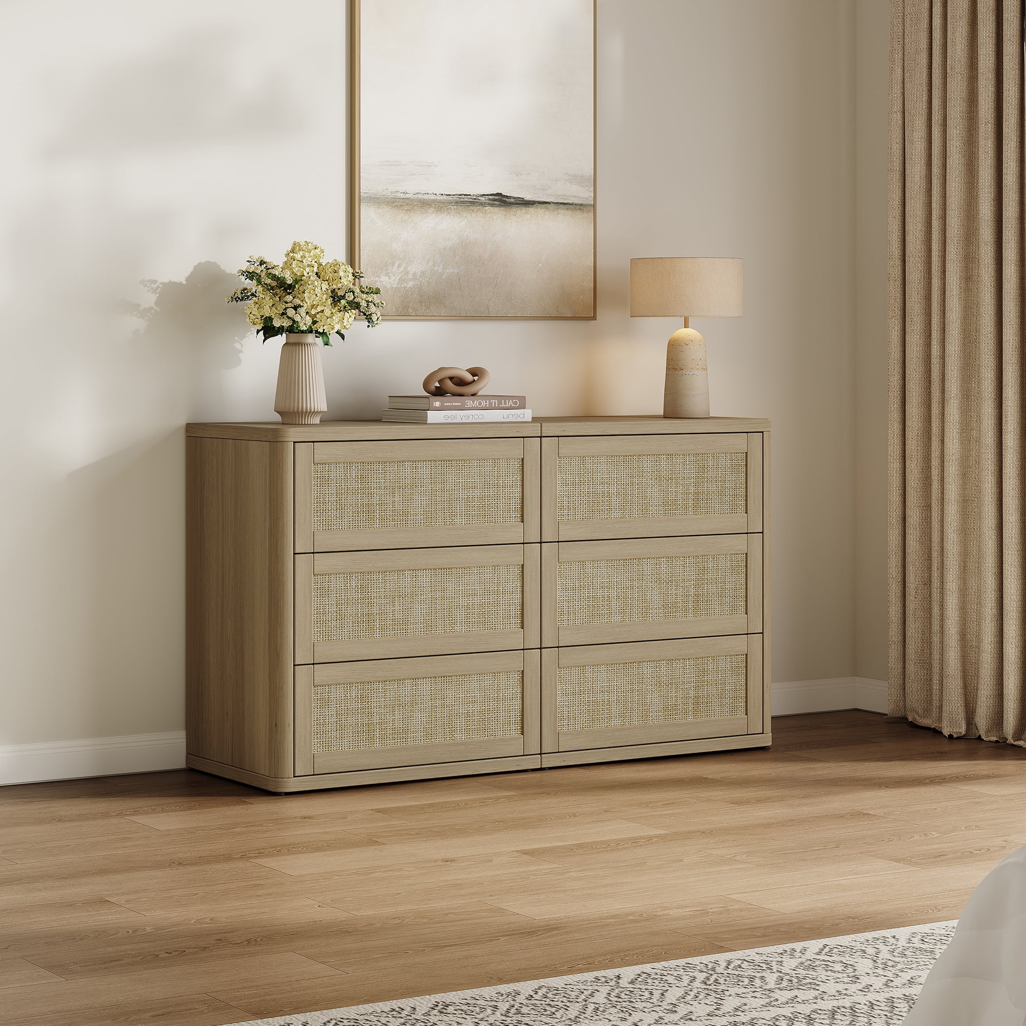 SICOTAS 53.6" Wide 6 Drawer Modular Rattan Dresser for Bedroom, Long Modern Chest of Drawers with Pop-Up Drawers%& Unique Rattan Design, Amber Oak