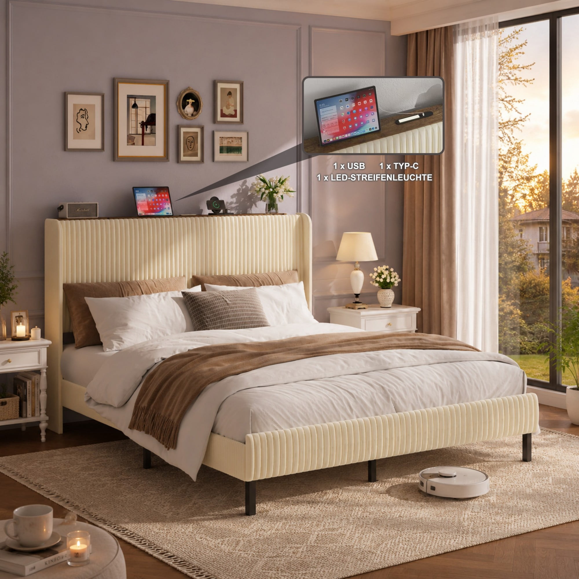BSHTI Full Size Velvet Upholstered Platform Bed Frame with USB Ports, Beige Metal & Wood Bed Frame with Storage Shelf Headboard, Modern Accent Bedroom Furniture for Bedroom, No Box Spring Needed