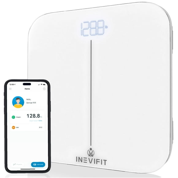 Báscula de baño inteligente premium INEVIFIT, báscula digital de baño con Bluetooth de alta precisión, mide el peso y el IMC con precisión para un número ilimitado de usuarios.