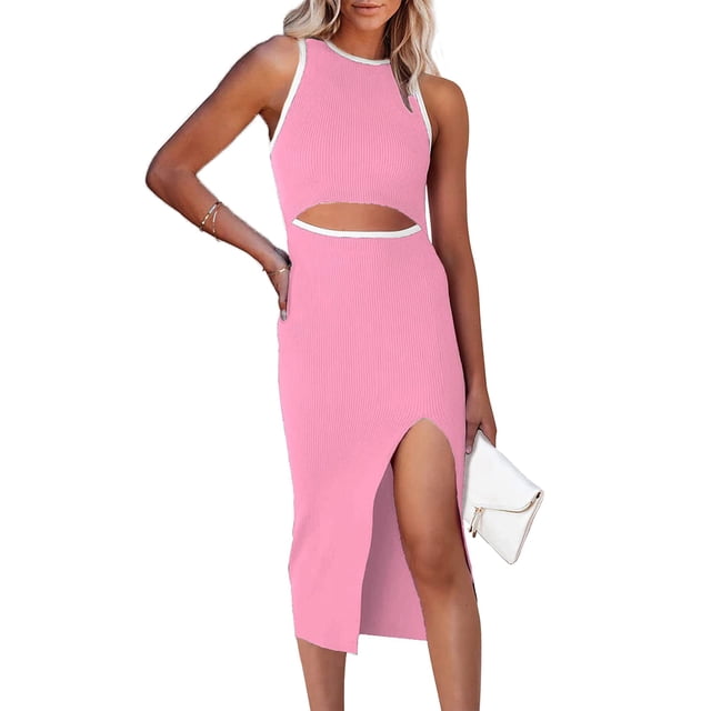 Vestido PRETTYGARDEN de Verano Rosa Midi Ajustado con Corte XL