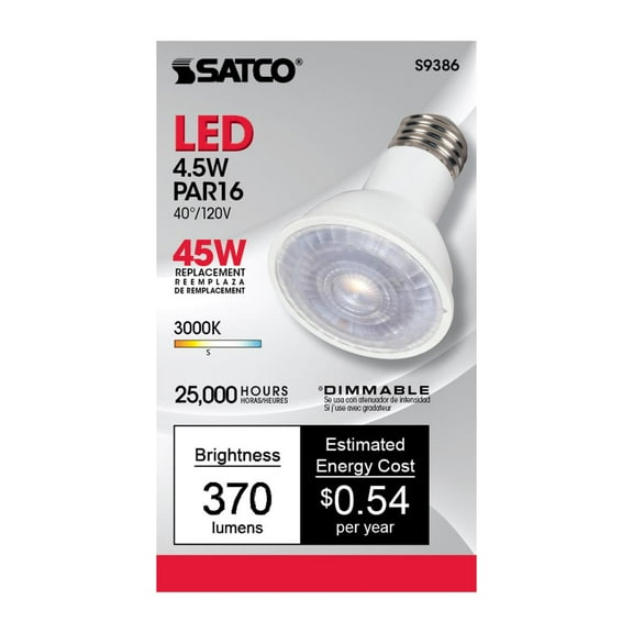 Satco S9386 PAR16 4.5W 120V LED Light Bulbs E26 Medium Base 3000K 360L Dimmable (12 Pack)
