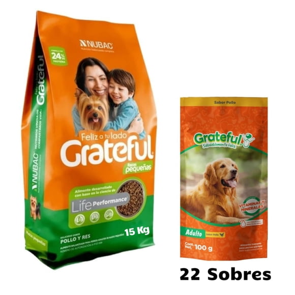 Grateful Razas Pequeñas 15 Kg + Caja Alimento Humedo Sobre Grateful 100 gr (22 Pzas)