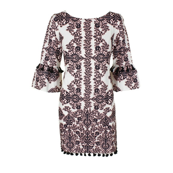 Vince Camuto Womens White Pink 3/4-Sleve Printed Tassel-Detail Sheath Dress 4