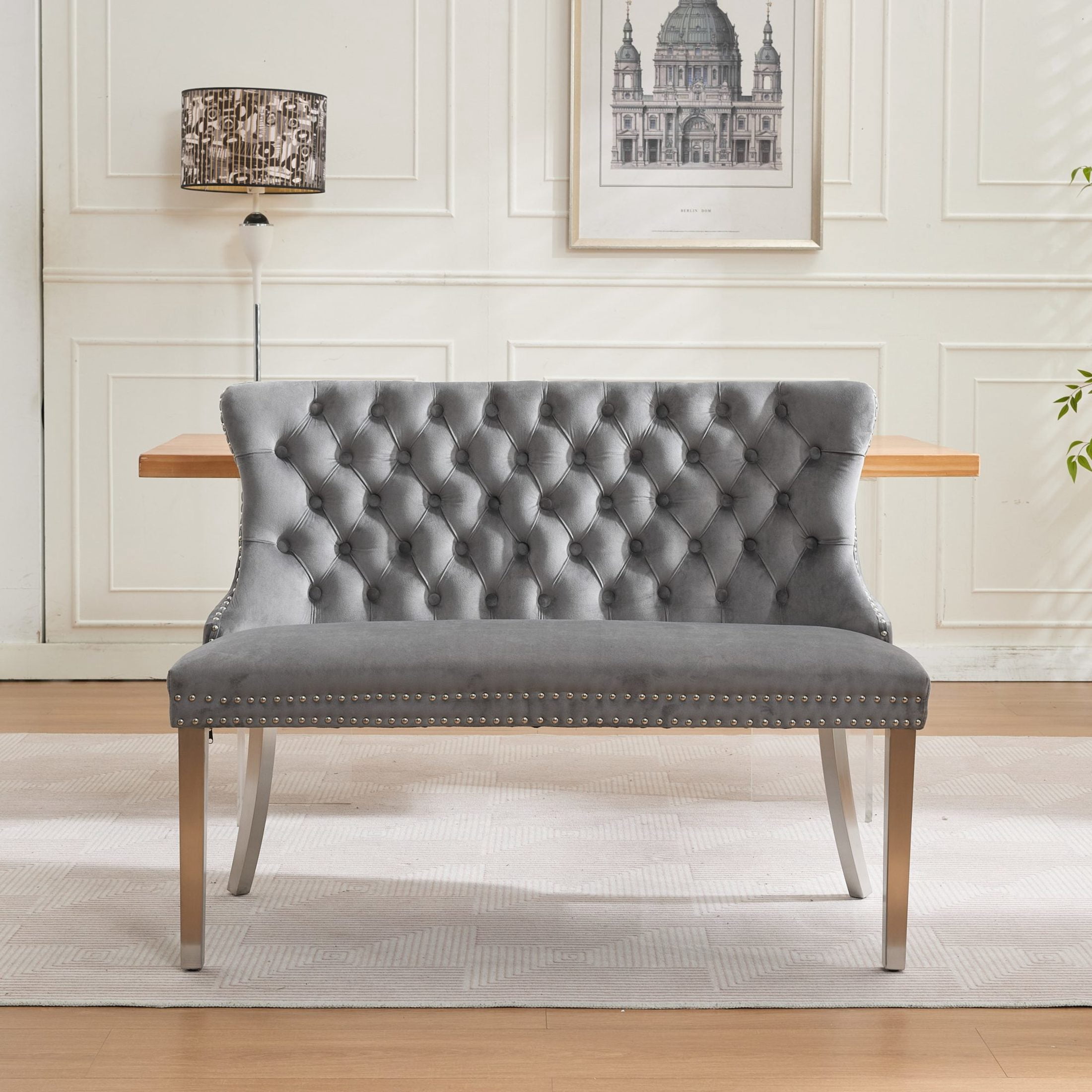 Noble House 2-Seat Velvet Dining Bench, Tufted Wingback Upholstery, Steel Legs, Gray + Silver