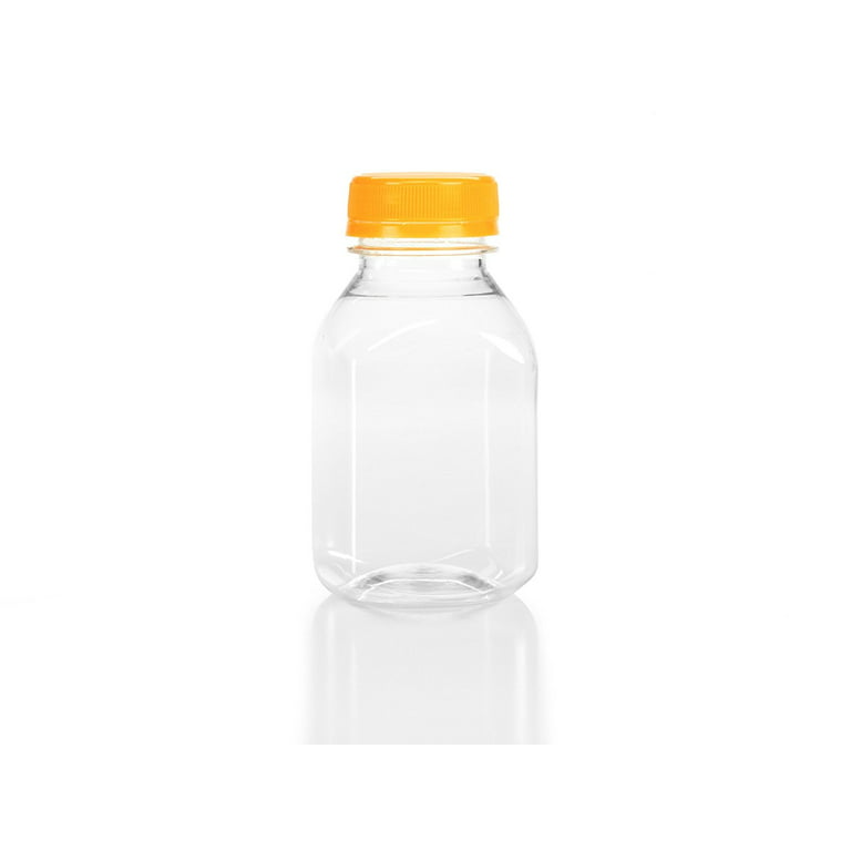 6) 8 oz. Clear Food Grade Plastic Juice Bottles 8 oz. with Caps (6/pack) (8  oz., Orange Lids) 