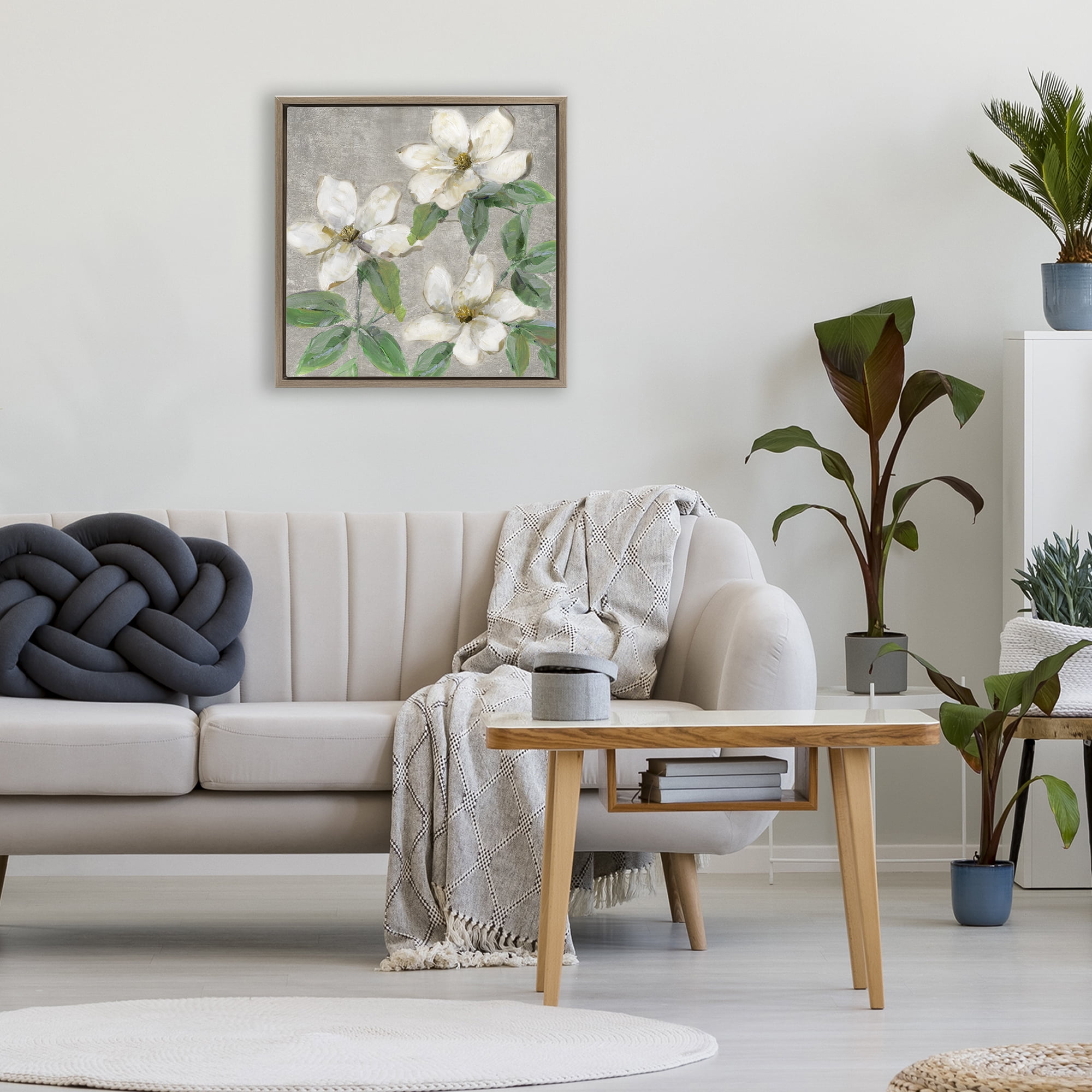 Stupell Industries Ivory Magnolia Trio Brown Framed Floater Canvas Wall Art, design by Sally Swatland
