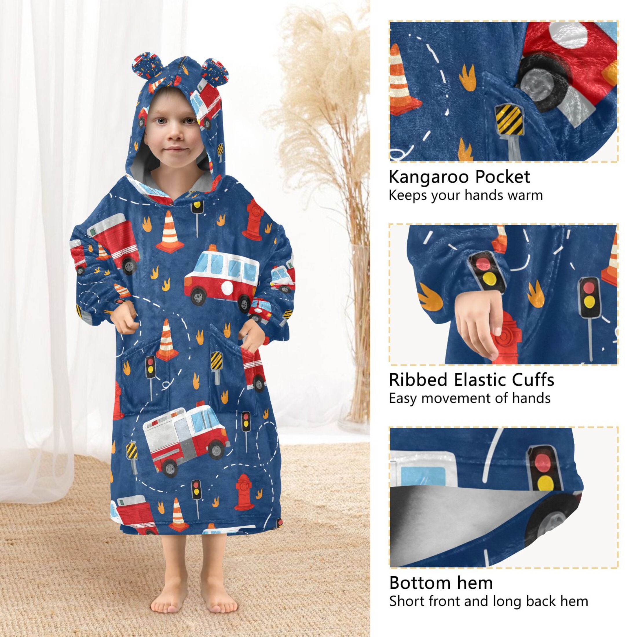 joogoo Blanket Hoodie for Fire Trucks Cartoon Oversize Sweatshirt 3-14 YR L
