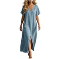 thumbnail image 5 of Dvprdro V Neck Short Sleeve Cotton Side Pockets Loose A Line Maxi Dress for Women Summer Beach Vacation Solid, 5 of 8