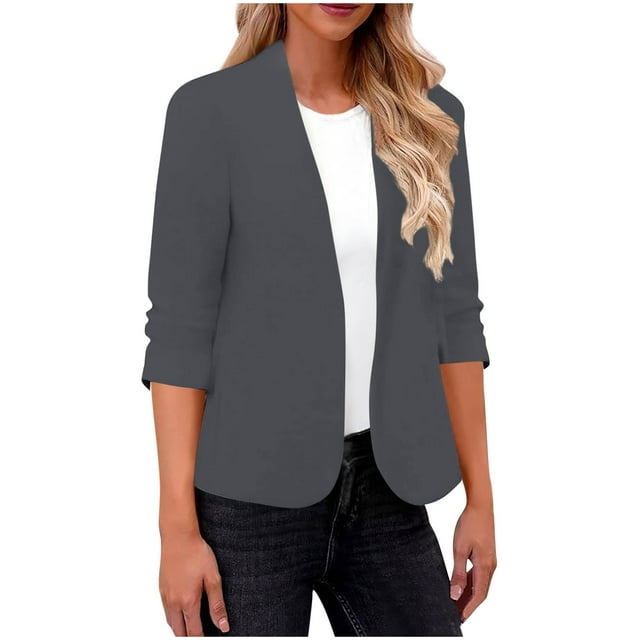 Women's Solid Color V-Neck Long Sleeve Casual Blouse Top Polyester Suit Jacket for Fall and Spring