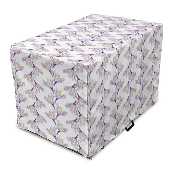 Floral Dog Crate Cover, Continuous Hand Drawn Inspired Vertical Flowers on a Plain Background, Easy to Use Pet Kennel Cover Small Dogs Puppies Kittens, 7 Sizes, Eggplant Mustard White, by Ambesonne